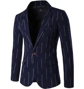 Новый весенний мужской костюм с узором темно-синего цвета, Длинный рукав, Однобортный приталенный костюм из смеси хлопка, куртка A121
