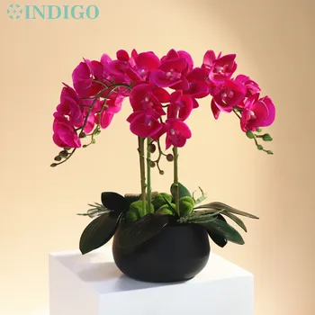 Композиция из цветов индиго-3D Щенячьей орхидеи, Украшение для офиса своими руками, Орхидея 5шт, Лист 3шт, Камень из мха, Ваза, Настоящее Прикосновение