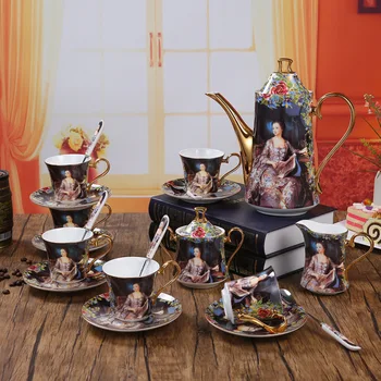 Conjuntos de café osso porcelana do chá de luxo cerâmica pote de café copos e pires açúcar tigela leite jarro presente casamento
