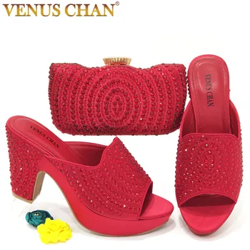 Венера Чан, Женская Свадебная обувь красного цвета, комплект из сумок и туфель, Вечернее платье, Вечерние женские модные туфли на высоком каблуке со стразами