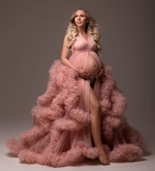 Розовые халаты для беременных для фотосъемки, платья для беременных с многоуровневыми оборками, Сексуальный V-образный вырез, платья для детского душа с разрезом спереди
