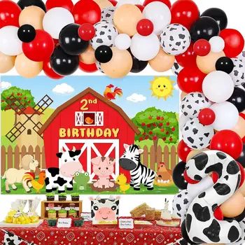 Украшения для 2-го Дня Рождения сельскохозяйственных животных для мальчиков и девочек на тему Скотного двора, Комплект Гирлянд из 2-го воздушного шара, Красный, Черный, с Фоном для фермерского сарая