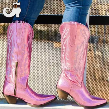 Ковбойские женские ботинки в западном стиле; Коллекция 2022 года; Сезон Осень-зима; Розовые Ковбойские сапоги до колена с вышивкой и острым носком; Женская обувь Отличного качества