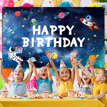 Тематический фон в космическом стиле для детского Дня рождения, Космическая вечеринка, Украшение на День рождения, Планета, Галактика, Астронавт на Луну, Фотофон