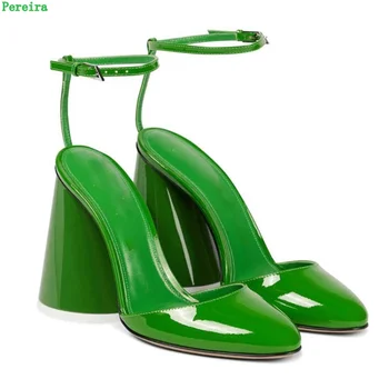 2022 г. Туфли-лодочки с ремешком на щиколотке и пряжкой, Летние женские Туфли из лакированной кожи с круглым носком на массивном каблуке, пикантные модные красивые французские туфли