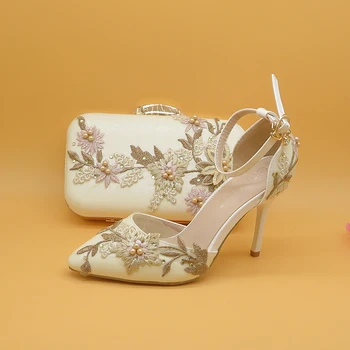 2021 г. Новые белые кружевные свадебные туфли с цветочным узором и соответствующими сумками на высоком каблуке с острым носком и ремешком на щиколотке, женская праздничная обувь и сумка в комплекте