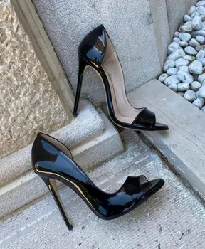 Moraima Snc/ Женские туфли на высоком каблуке с открытым носком, черные вечерние платья из лакированной кожи, женские туфли-лодочки на тонком каблуке с вырезами
