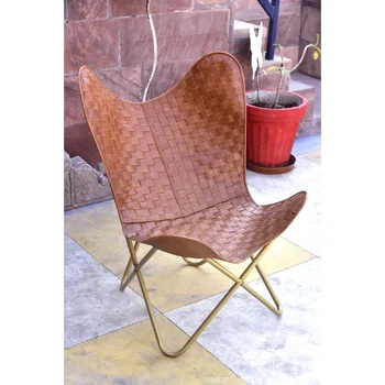 Кожаные стулья для гостиной-Кресло-бабочка Коричневое Кожаное кресло-бабочка-Ручная работа с рамой с порошковым покрытием (крышка Золотая рама)
