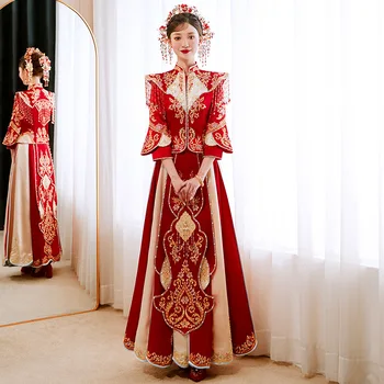 Винтажное платье с воротником-стойкой, платья в китайском стиле, красное атласное Свадебное платье с вышивкой и кисточками, одежда для тостов