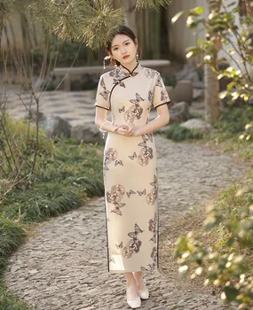 Сексуальный атласный Чонсам с принтом бабочки и пиона с коротким рукавом, элегантное женское китайское повседневное платье Ципао в стиле ретро