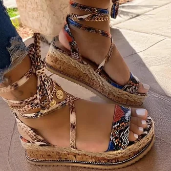 Летние женские сандалии со змеиным узором на платформе и каблуке, с перекрестным ремешком на щиколотке, с открытым носком, женская пляжная обувь для вечеринок, сандалии Zapatos