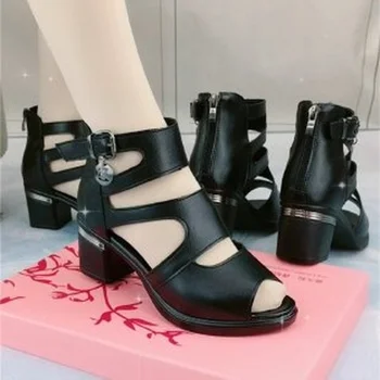 2022 г. Новые женские летние сандалии в Римском стиле с рыбьим ртом, женские туфли на толстом каблуке на толстой подошве, универсальная женская обувь на среднем каблуке