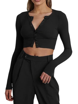 Женская осенняя одежда Y2K в рубчик, тонкая укороченная одежда, кардиган с длинным рукавом и V-образным вырезом на пуговицах