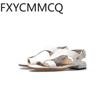 FXYCMMCQ 2023 Новые кожаные спортивные сандалии с открытым носком на низком каблуке 32-46, Размер женской обуви 23-25