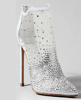 ALMUDENA/ ботильоны с серебристой сеткой и украшением в виде кристаллов; Прозрачные туфли-лодочки на шпильке с острым носком; сверкающие вечерние туфли