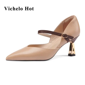 Vichelo/лидер продаж, натуральная кожа, высокие каблуки с острым носком, странный стиль, юная леди, разноцветные ремешки с пряжкой, женские туфли-лодочки L19