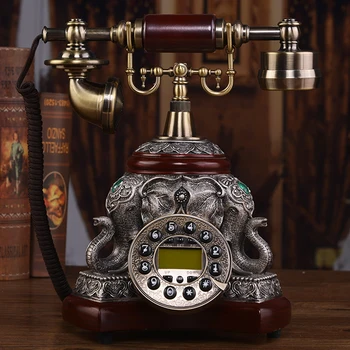 Антикварный офисный домашний стационарный телефон с корпусом из дерева и металла, кнопочным набором номера и идентификатором вызывающего абонента, повторным набором, подсветкой громкой связи