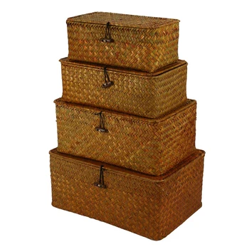 Корзины для хранения водорослей с крышками, Плетеные прямоугольные корзины, плетеный органайзер для хранения на полке, набор из 8