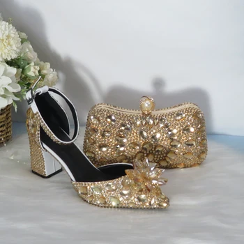 2021 Новые свадебные туфли с золотыми кристаллами и подходящими сумками, женские вечерние туфли со стразами на высоком каблуке и ремешком на щиколотке