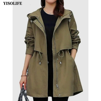 Женская куртка с капюшоном YISOLIFE, куртки средней длины, тренч на молнии с завязками на талии, демисезонная верхняя одежда