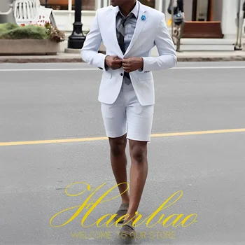 Летний белый мужской костюм, официальный пиджак, брюки, комплект из 2 предметов, деловые шорты, свадебный смокинг, мужская одежда на заказ