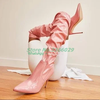Женские розовые сапоги с острым носком в складку, сапоги выше колена из лакированной кожи, Большие размеры 43, Сапоги на шпильке, Сексуальные сапоги до бедра, обувь