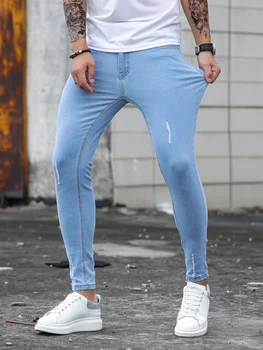 Мужские Эластичные джинсы-скинни High Street, приталенный деним, поцарапанная молния, повседневные джинсы в стиле хип-хоп, Высококачественные брюки-карандаш для мужчин