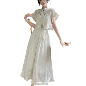 Милый кружевной топ с коротким рукавом и юбка-полукомбинезон, Женский летний Модный юбочный костюм 2023, Женская традиционная китайская одежда