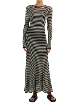 Стильное трикотажное платье в полоску с вырезами для женщин - Идеальное Летнее Сетчатое платье-бикини с длинным рукавом на завязках для Пляжного отдыха от