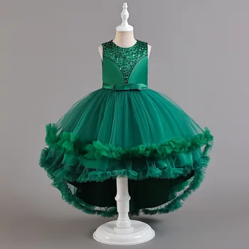 Бальное платье для фортепианной вечеринки для девочек, 4 цвета, 110-160 см, Свадебная детская юбка со шлейфом, костюм для Дня рождения, платье принцессы