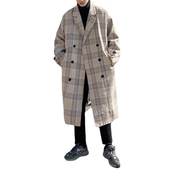 2022 Новое шерстяное пальто в клетку средней длины, мужская осенне-зимняя трендовая универсальная ветровка, Гонконгский стиль, Свободная красивая куртка