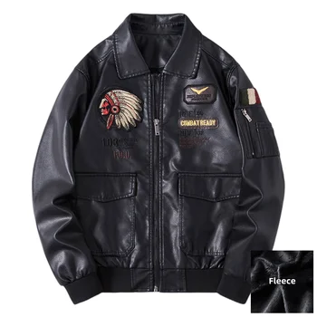 Осенне-зимняя Мужская кожаная куртка с вышивкой на лацканах, трендовая байкерская мотоциклетная куртка, Мужская модная повседневная ветрозащитная куртка-бомбер из искусственной кожи