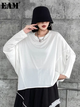 [EAM] Женская Белая Короткая Повседневная футболка Большого размера, Новая, С круглым вырезом, Длинным рукавом 