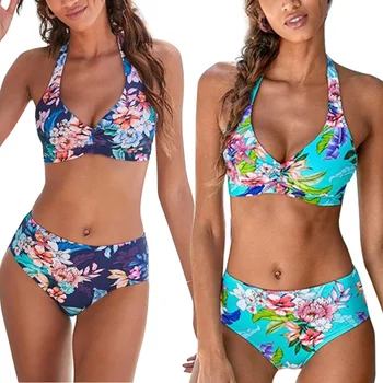 купальники женские 2021 Female Halter Strap Bikini Print Padded Bra Bikini Swimwear Beach Bathing Suit Summer Swimsuit купальник