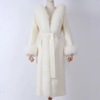 Женское Шерстяное пальто с Натуральным Лисьим воротником, Модные Кашемировые Зимние Пальто, Длинные Меховые Куртки Высшего Качества