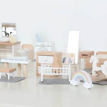 Современная мебель для кукольного домика, миниатюрная кухня из дерева, ванная комната, спальня, кукольный дом, кухонные принадлежности, стол и стулья, аксессуары для детей