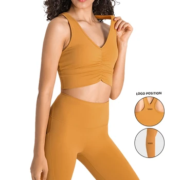 Женский многоцветный комплект из 2 предметов для йоги, Спортивный однотонный комплект с V-образным вырезом, плиссированный бюстгальтер и укороченные брюки для фитнеса с подтяжкой бедер Для Сексуальных дам