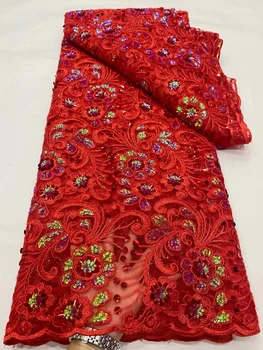 NDPN293 Кружевная ткань красного цвета в африканском стиле с пайетками, красивыми цветами, вышитыми французским тюлевым кружевом для вечерних и свадебных платьев