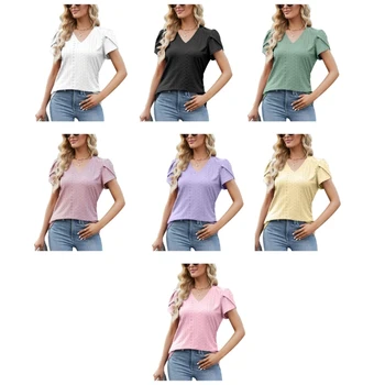 Женская летняя повседневная футболка с коротким рукавом в виде лепестков, жаккардовые блузки с вырезами, топ, прямая доставка