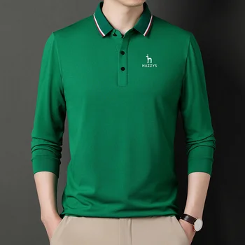 Мужская одежда для гольфа HAZZYS, Осенняя Однотонная Футболка с длинным рукавом для средних и молодых Людей, Повседневная Рубашка поло с отворотом, Сочетающаяся с Базовым Топом