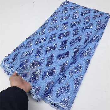 XIYA 2023 Синяя Высококачественная африканская Кружевная сетчатая ткань с блестками, 5 Ярдов, Нигерийский французский шнур, ткань с вышивкой для пошива женского платья
