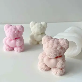 Силиконовая форма Rose Teddys Bear, Милый Медвежонок, Форма для изготовления свечей, Новинка, Дизайн на День Святого Валентина, Цветочный Мишка для коктейлей из виски