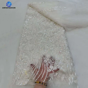 Синья Белая кружевная ткань Нигерия вышитая бисером ткань 2023 Роскошная вышивка Африканская кружевная ткань для свадебной вечеринки Свадебные кружевные ткани