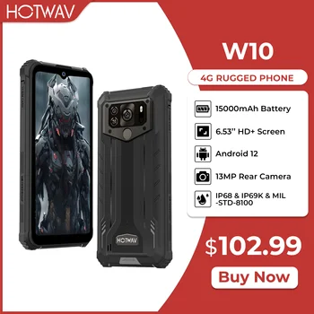 HOTWAV W10 Прочный Большой Аккумулятор Емкостью 15000 мАч с обратной Зарядкой Android 12-13 Мп Камера IP68 IP69K 6,53 