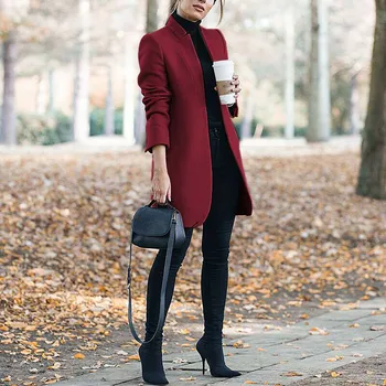 Осенне-зимнее новое модное однотонное шерстяное пальто с воротником-стойкой