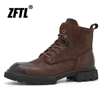 ZFTL/ мужские базовые ботинки; ботинки в британском стиле; коричневые байкерские ботинки с боковой молнией в стиле ретро; ботильоны; Повседневные боты из натуральной кожи