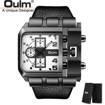 Oulm 3364 Кожаные часы Мужские Люксовый бренд, уникальные часы с большим циферблатом, встроенная кнопка, Спортивные мужские кварцевые часы relogio masculino