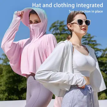 Летняя Женская Солнцезащитная одежда с капюшоном и длинным рукавом, Быстросохнущая, с расширенными полями, для лица, на молнии, Солнцезащитное пальто
