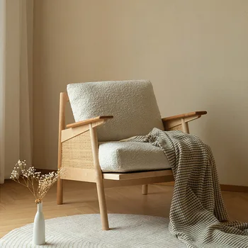 Скандинавский японский диван-кресло из массива дерева MOMO Ретро Гостиная Одноместный диван из массива дерева Балкон Подлокотник для Отдыха Ротанговый стул