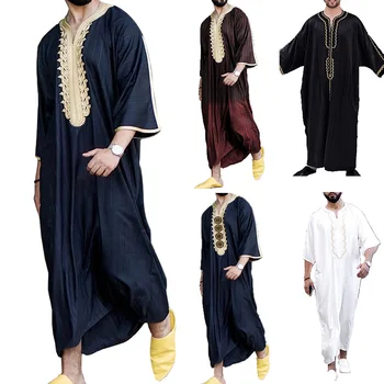 Мужская одежда Jubba Thobe с V-образным вырезом в национальном стиле, короткий рукав, Свободный принт, Модная Повседневная одежда